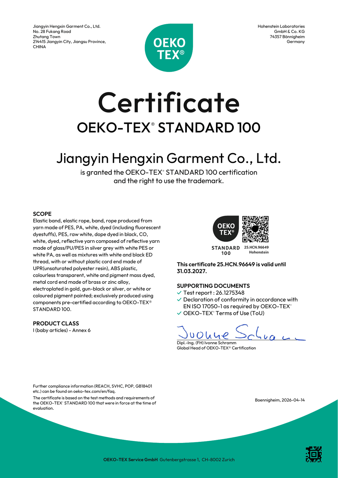 OEKO-TEX® STANDARD 100 Zertifizierungsumfang