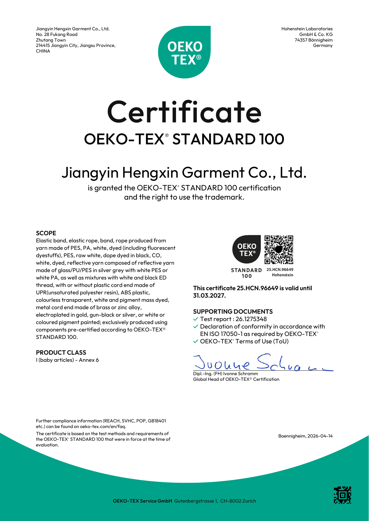 OEKO-TEX STANDARD 100 certificate